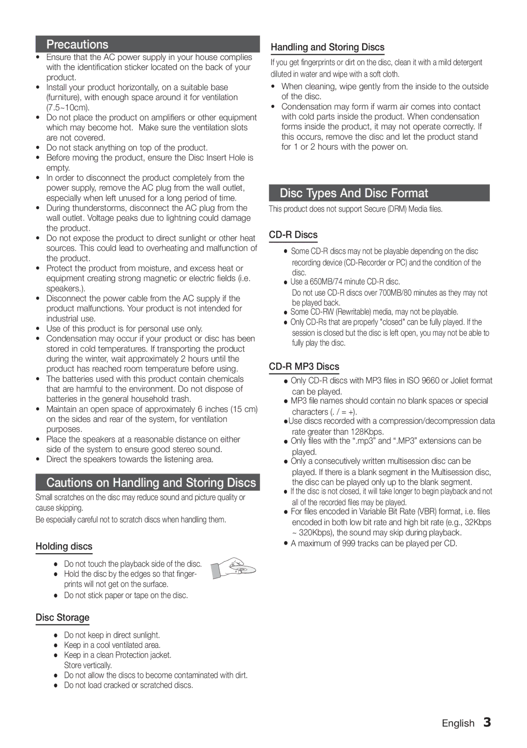 Samsung MM-E320/UM manual Holding discs, Disc Storage, Handling and Storing Discs, CD-R Discs, CD-R MP3 Discs 