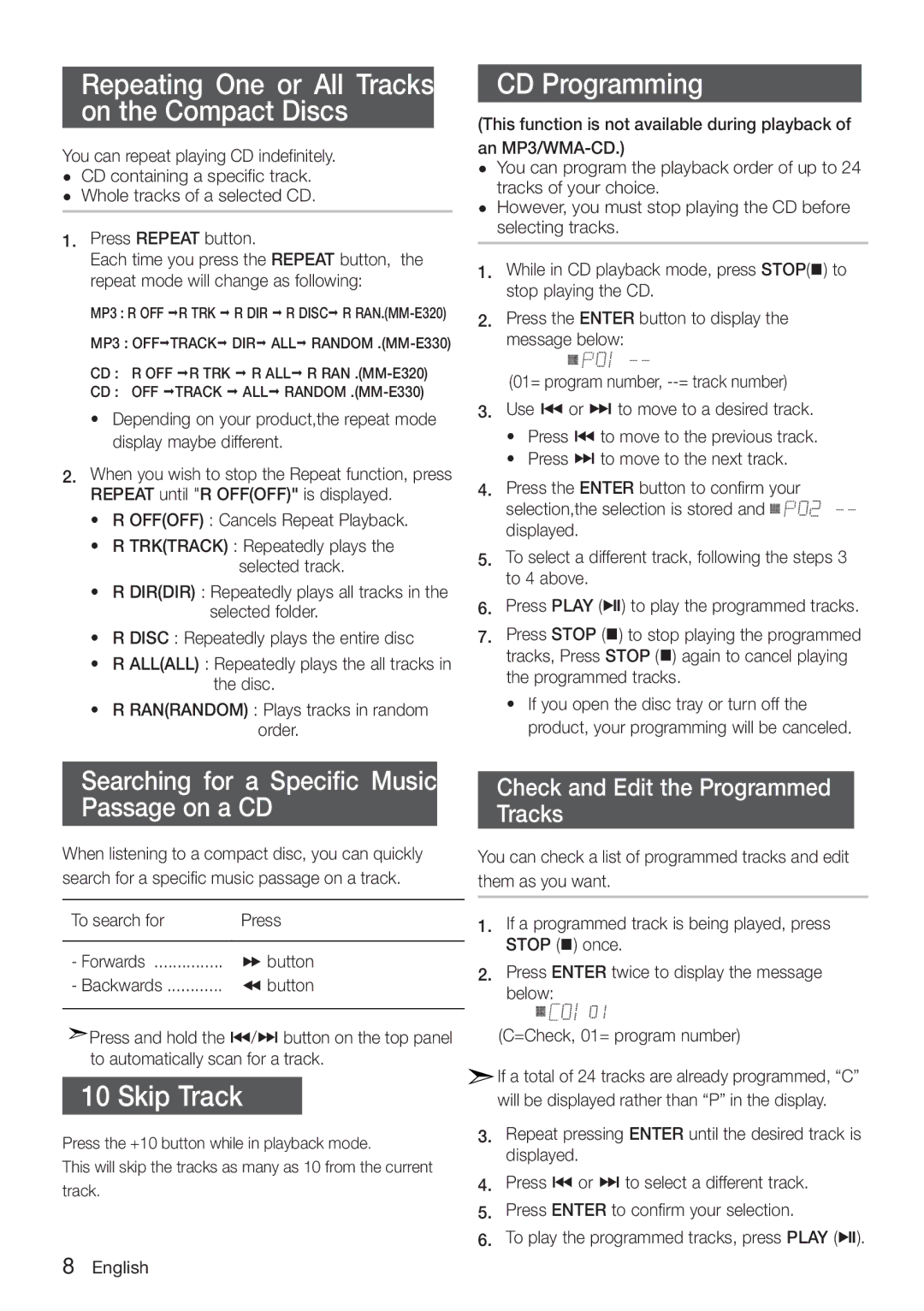 Samsung MM-E320/UM manual Repeating One or All Tracks on the Compact Discs, CD Programming, Skip Track 