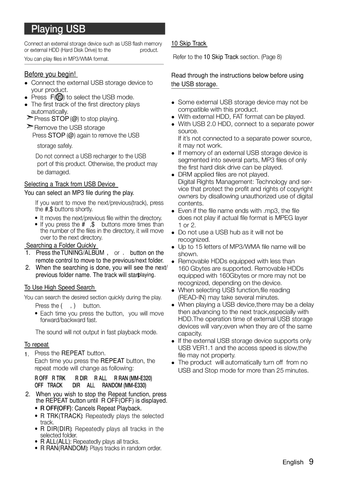 Samsung MM-E320/UM manual Playing USB, To Use High Speed Search 