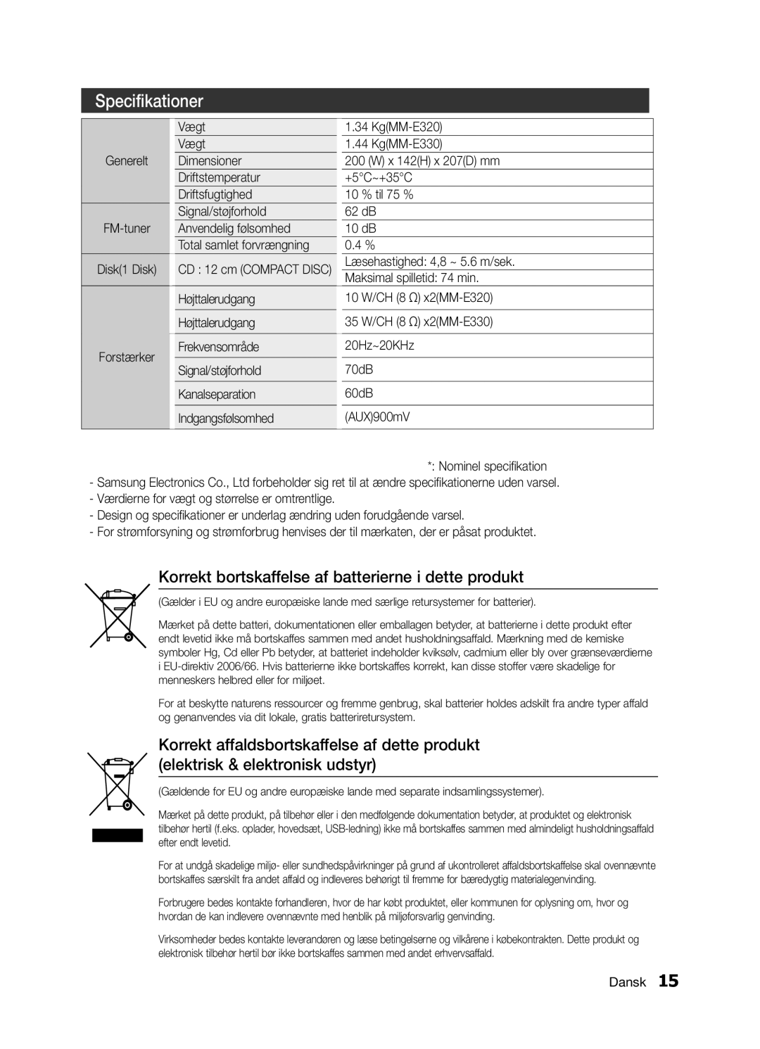 Samsung MM-E330/XE, MM-E320/XE manual Specifikationer, Vægt 