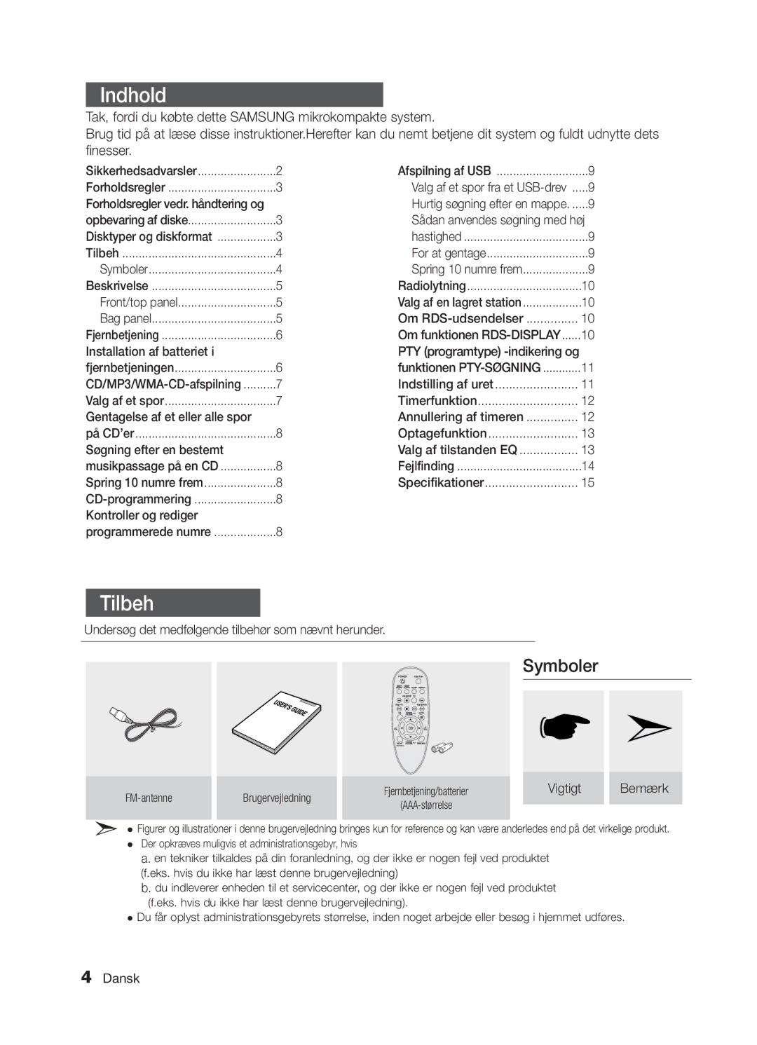 Samsung MM-E320/XE, MM-E330/XE manual Indhold, Tilbeh 