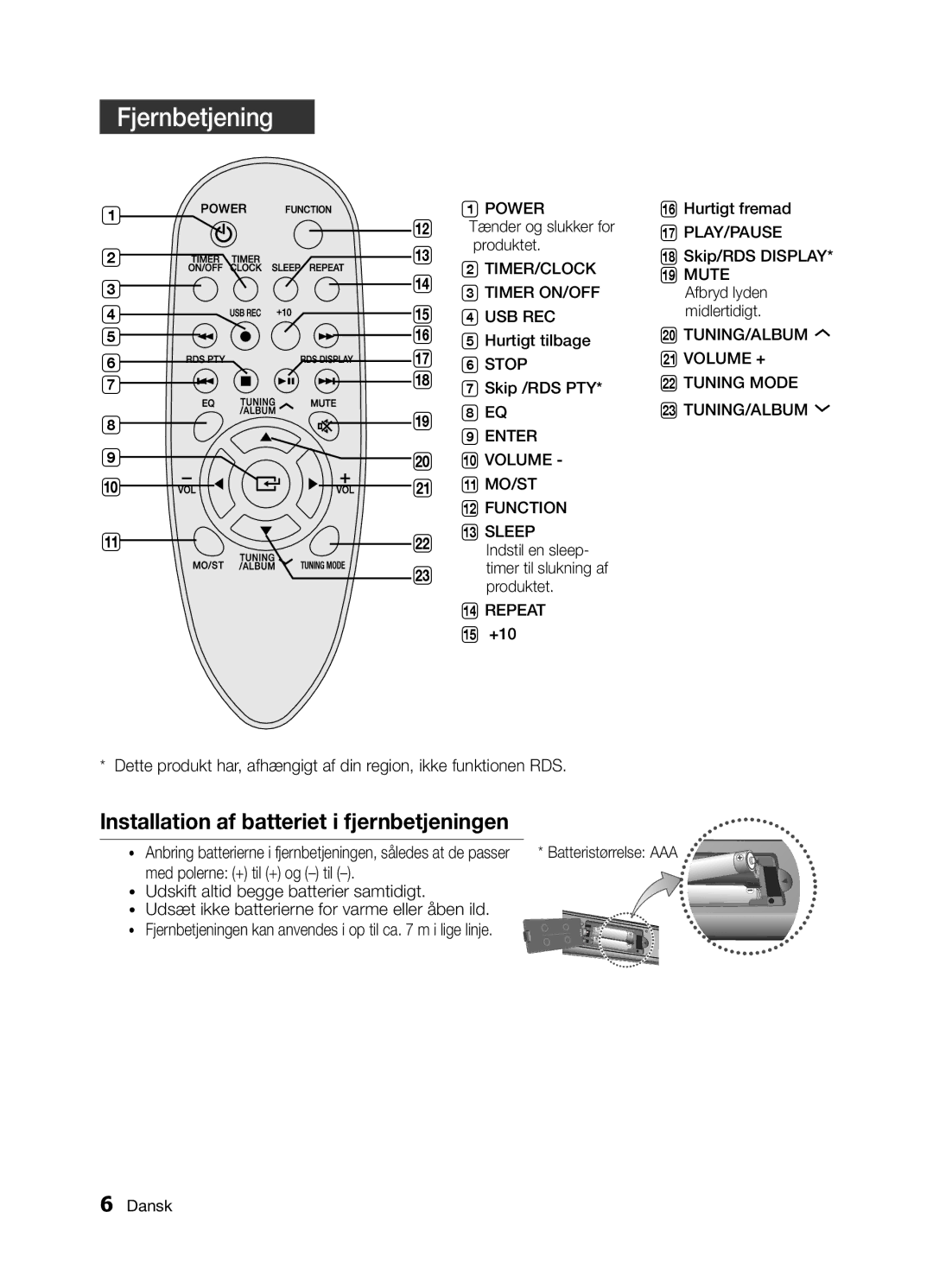 Samsung MM-E320/XE, MM-E330/XE manual Fjernbetjening 