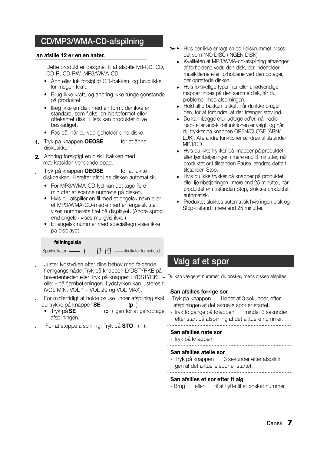 Samsung MM-E330/XE Valg af et spor, CD/MP3/WMA-CD-afspilning, Et engelsk nummer med specialtegn vises ikke på displayet 