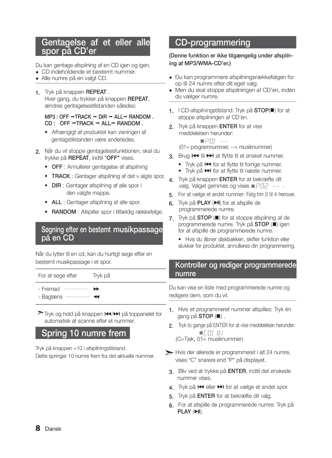 Samsung MM-E320/XE, MM-E330/XE manual Gentagelse af et eller alle spor på CD’er, Spring 10 numre frem CD-programmering 