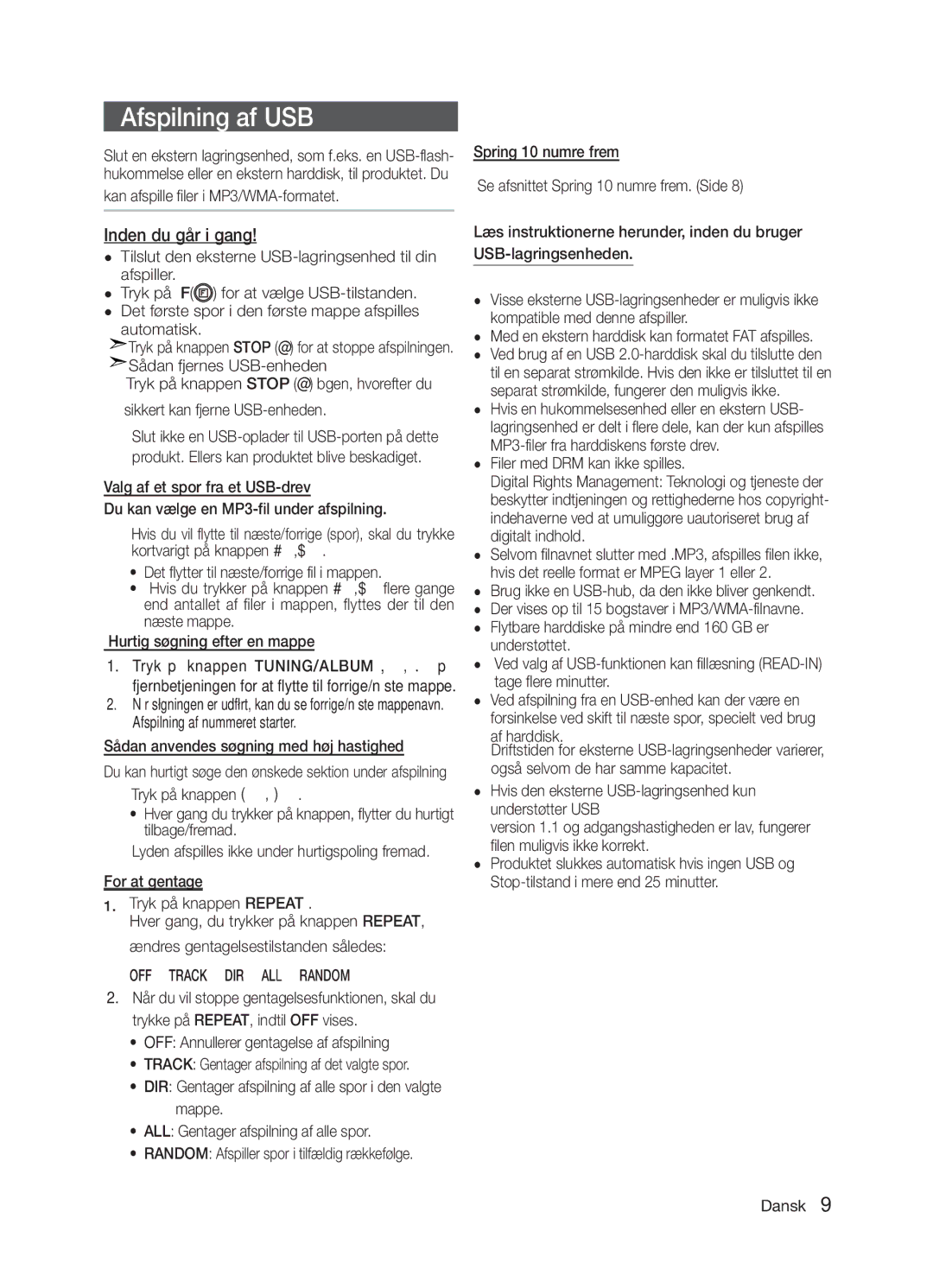 Samsung MM-E330/XE, MM-E320/XE manual Afspilning af USB, Inden du går i gang, OFF Track DIR ALL Random 