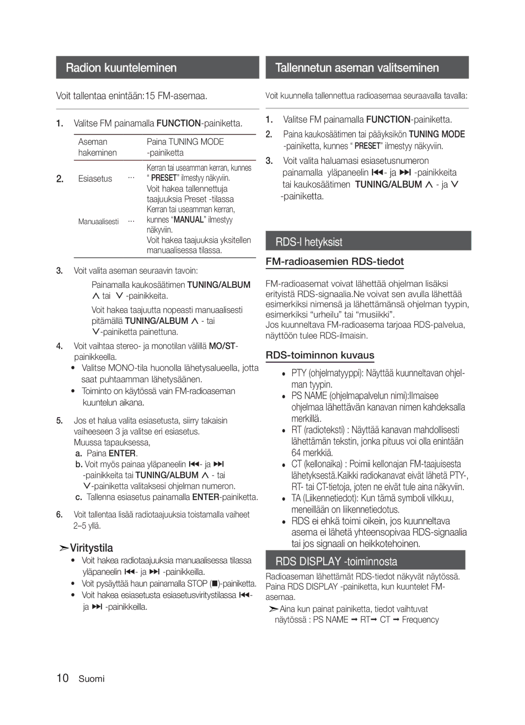 Samsung MM-E320/XE, MM-E330/XE manual Voit tallentaa enintään15 FM-asemaa, FM-radioasemien RDS-tiedot 