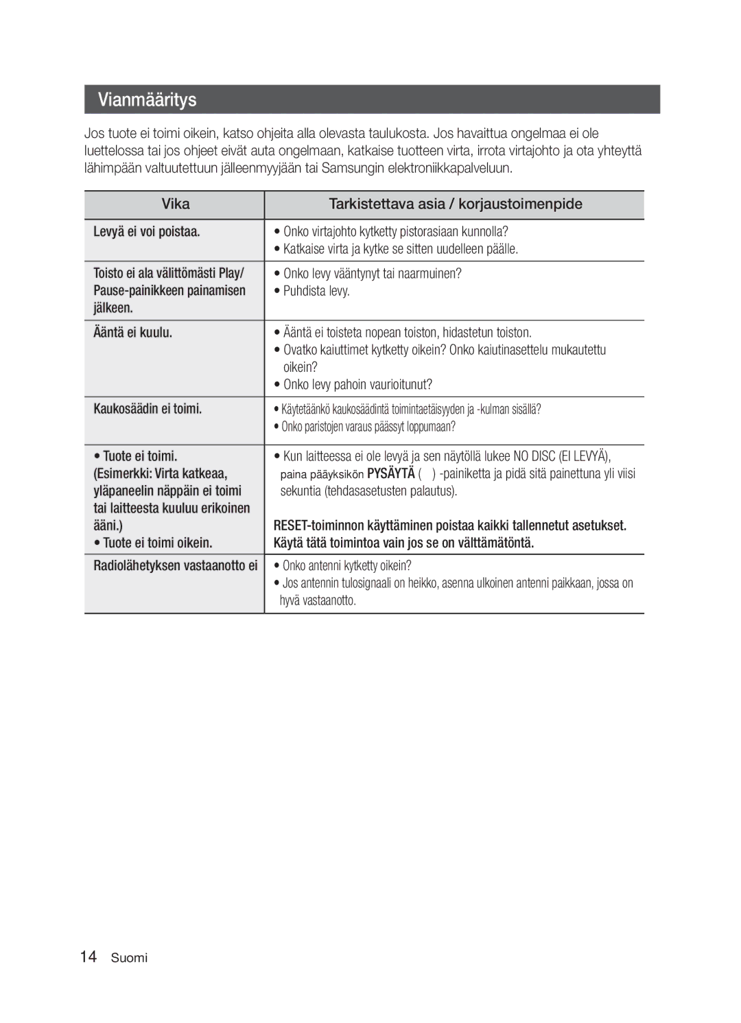 Samsung MM-E320/XE, MM-E330/XE manual Vianmääritys 