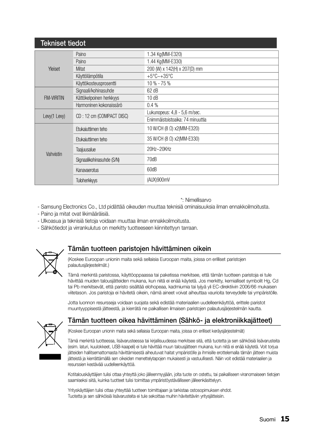 Samsung MM-E330/XE Paino KgMM-E320 KgMM-E330, Kättökelpoinen herkkyys 10 dB Harmoninen kokonaissärö, CD 12 cm Compact Disc 