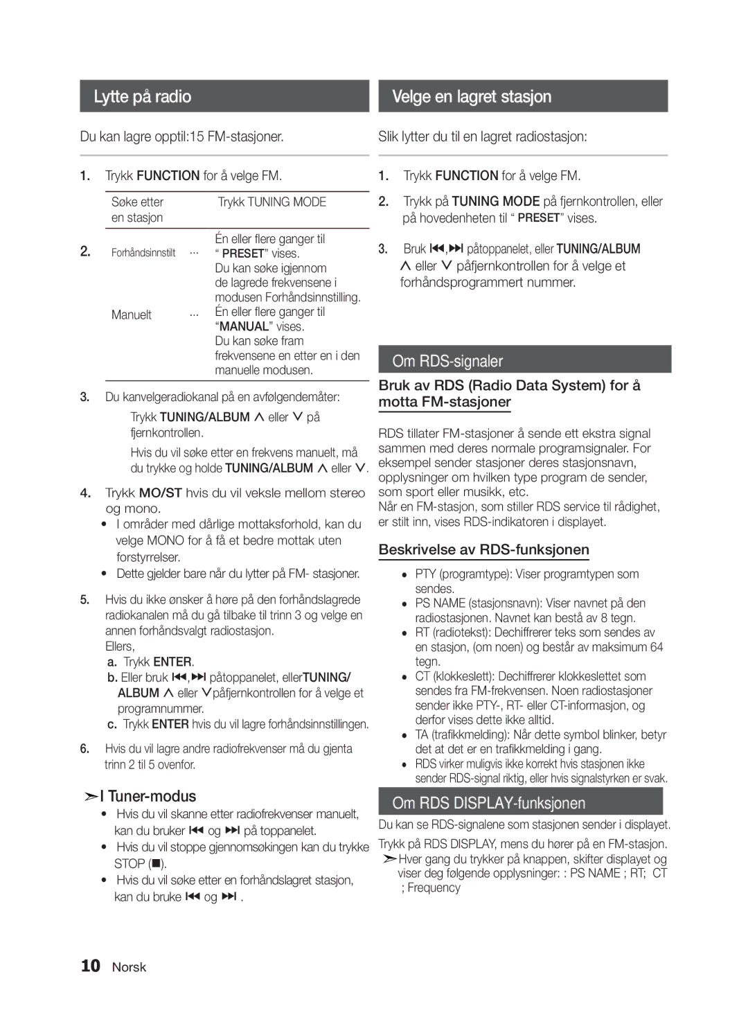 Samsung MM-E320/XE, MM-E330/XE manual Du kan lagre opptil15 FM-stasjoner, Slik lytter du til en lagret radiostasjon 