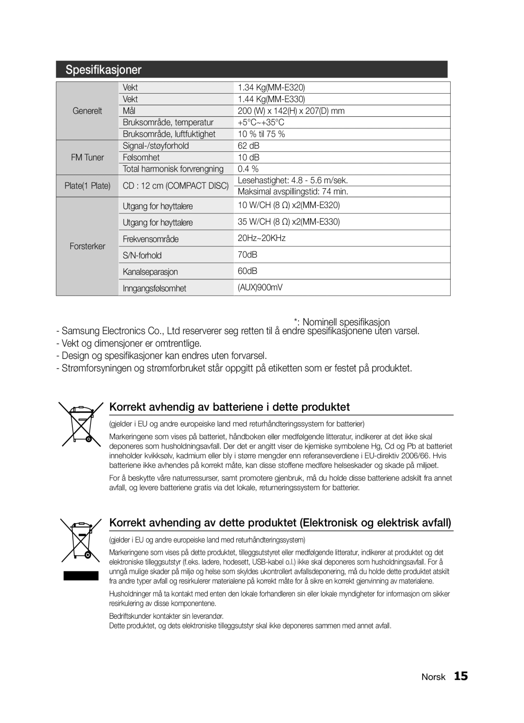 Samsung MM-E330/XE, MM-E320/XE Lesehastighet 4.8 5.6 m/sek, Maksimal avspillingstid 74 min, Total harmonisk forvrengning 