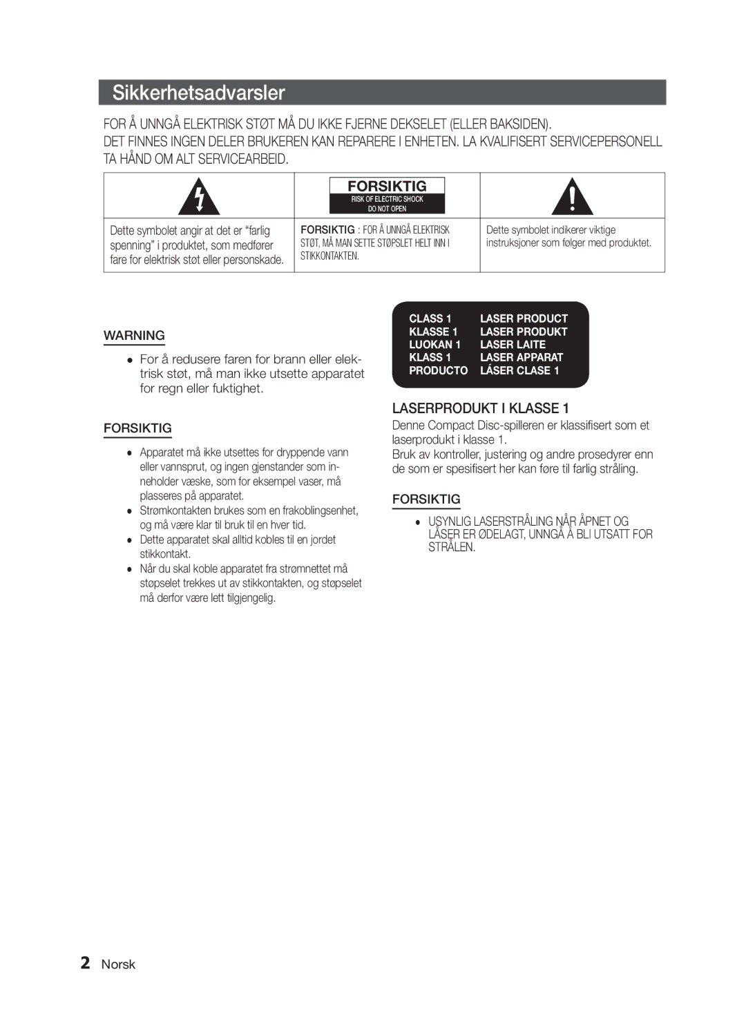 Samsung MM-E320/XE, MM-E330/XE manual Sikkerhetsadvarsler, Forsiktig, Norsk, Dette symbolet indikerer viktige 