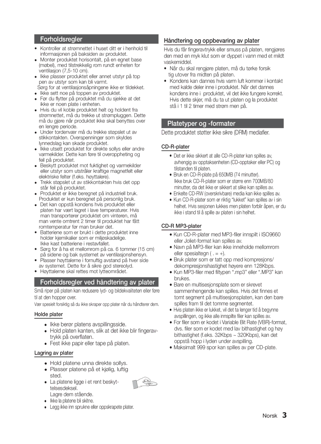 Samsung MM-E330/XE, MM-E320/XE manual Håndtering og oppbevaring av plater, Dette produktet støtter ikke sikre DRM mediafier 