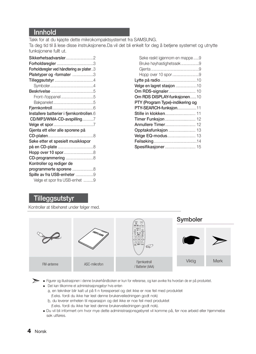 Samsung MM-E320/XE, MM-E330/XE manual Innhold, Tilleggsutstyr 