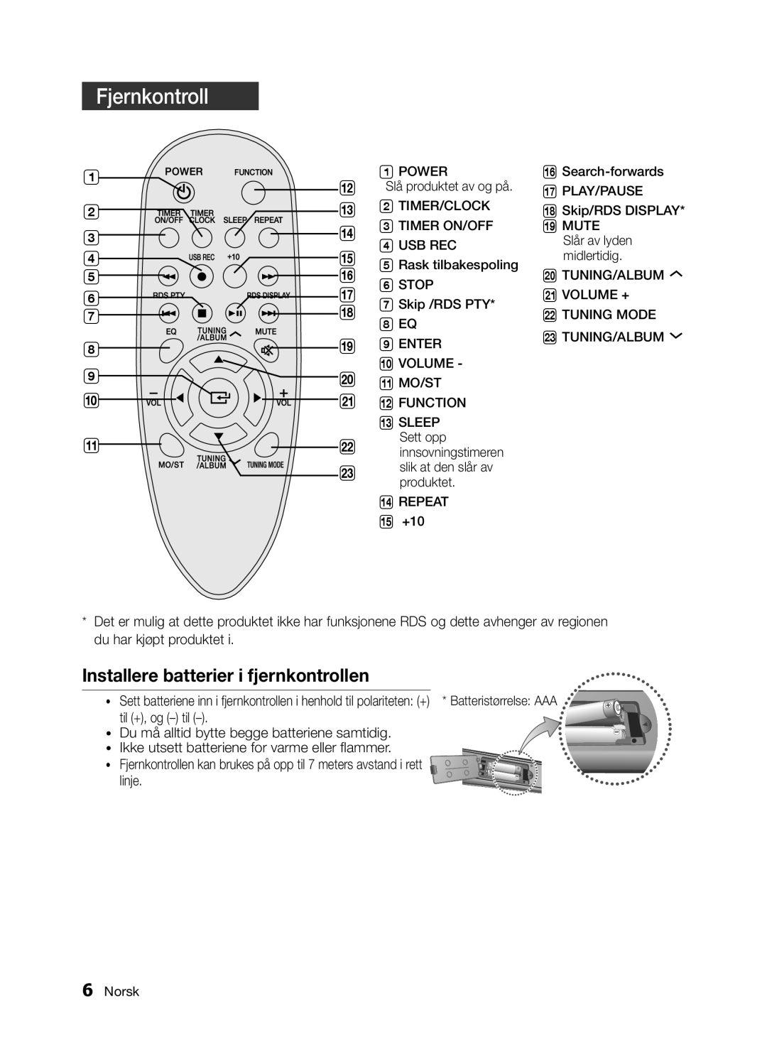 Samsung MM-E320/XE, MM-E330/XE manual Fjernkontroll 