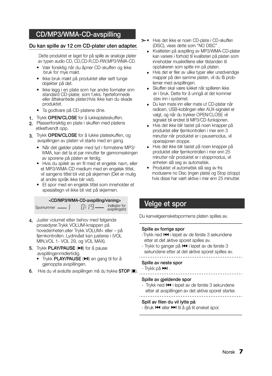 Samsung MM-E330/XE, MM-E320/XE manual Velge et spor, CD/MP3/WMA-CD-avspilling, Du kan spille av 12 cm CD-plater uten adapter 