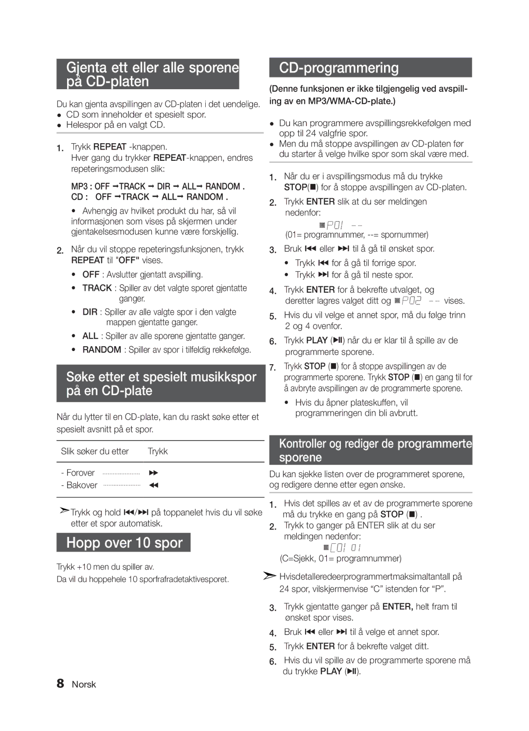 Samsung MM-E320/XE, MM-E330/XE manual Gjenta ett eller alle sporene på CD-platen, CD-programmering, Hopp over 10 spor 