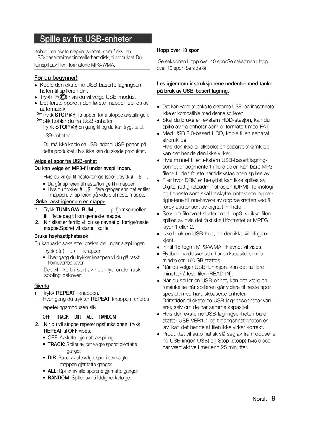 Samsung MM-E330/XE, MM-E320/XE manual Spille av fra USB-enheter, Før du begynner, Kanspilleav filer i formatene MP3/WMA 