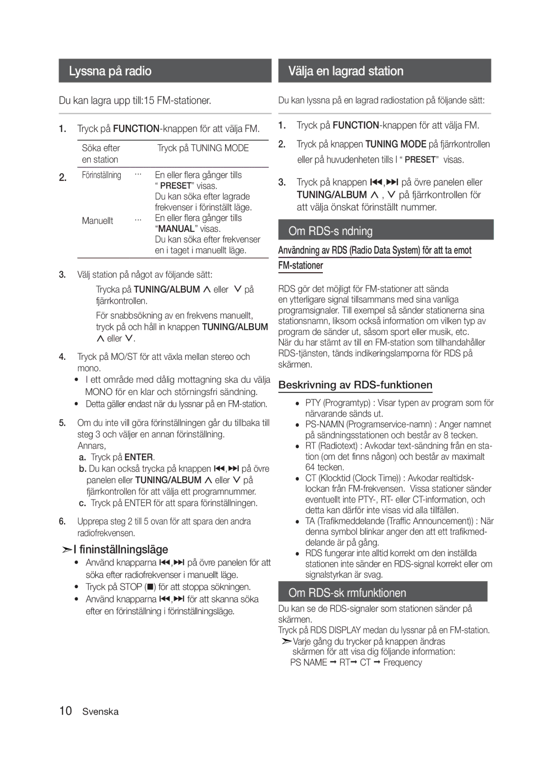 Samsung MM-E320/XE, MM-E330/XE manual Du kan lagra upp till15 FM-stationer, Beskrivning av RDS-funktionen 