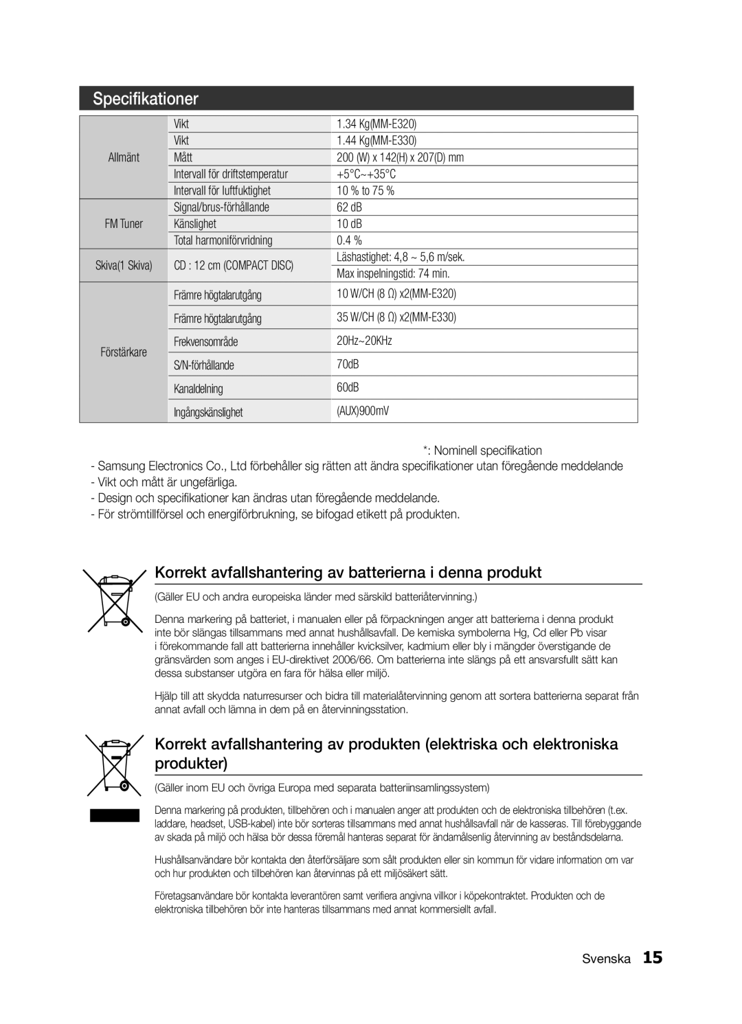 Samsung MM-E330/XE Vikt KgMM-E320 KgMM-E330, Mått X 142H x 207D mm, +5C~+35C, Känslighet 10 dB Total harmoniförvridning 