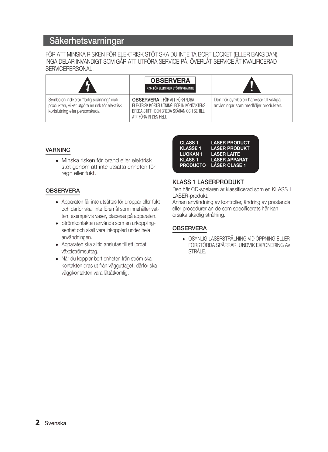 Samsung MM-E320/XE, MM-E330/XE manual Säkerhetsvarningar, Svenska, Kortslutning eller personskada 