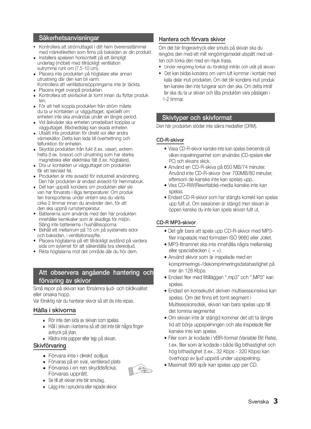 Samsung MM-E330/XE, MM-E320/XE manual Hålla i skivorna, Hantera och förvara skivor 