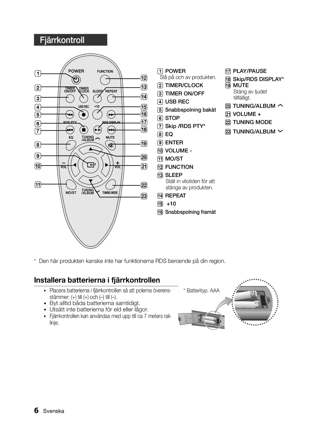 Samsung MM-E320/XE, MM-E330/XE manual Fjärrkontroll 