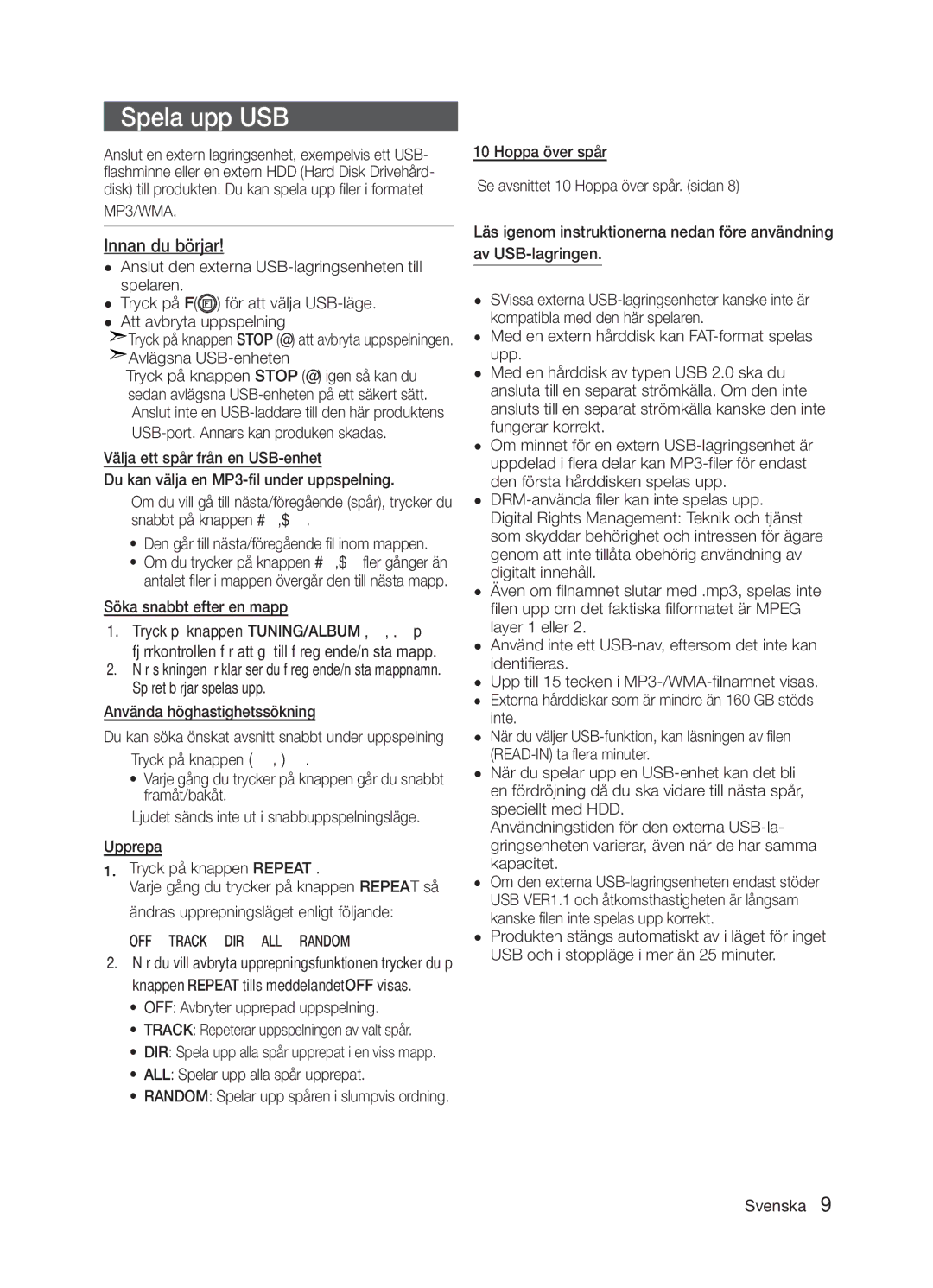 Samsung MM-E330/XE, MM-E320/XE manual Spela upp USB, Innan du börjar, Avlägsna USB-enheten, Söka snabbt efter en mapp 