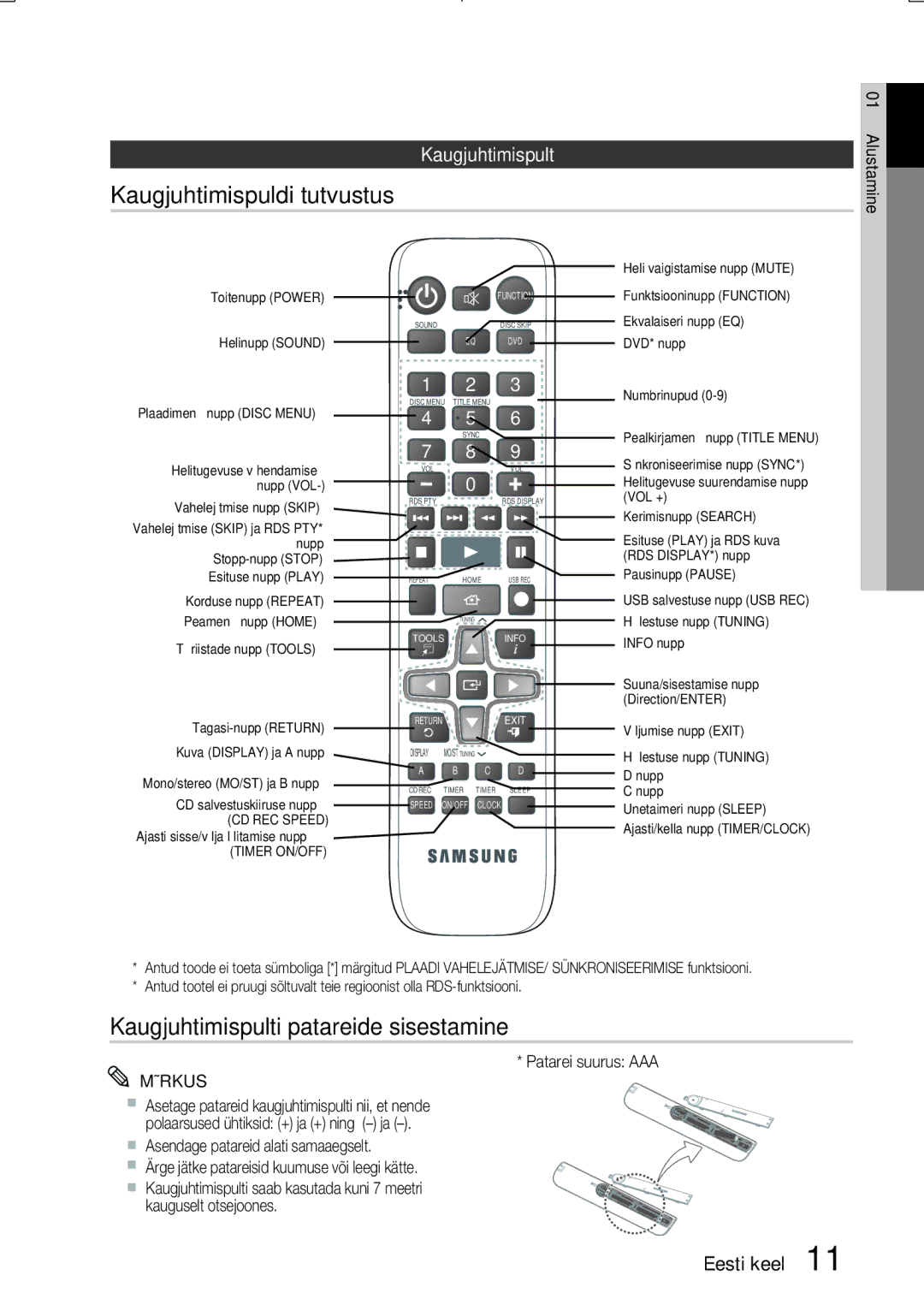 Samsung MM-E330D/EN manual Kaugjuhtimispuldi tutvustus, Kaugjuhtimispulti patareide sisestamine, Patarei suurus AAA 