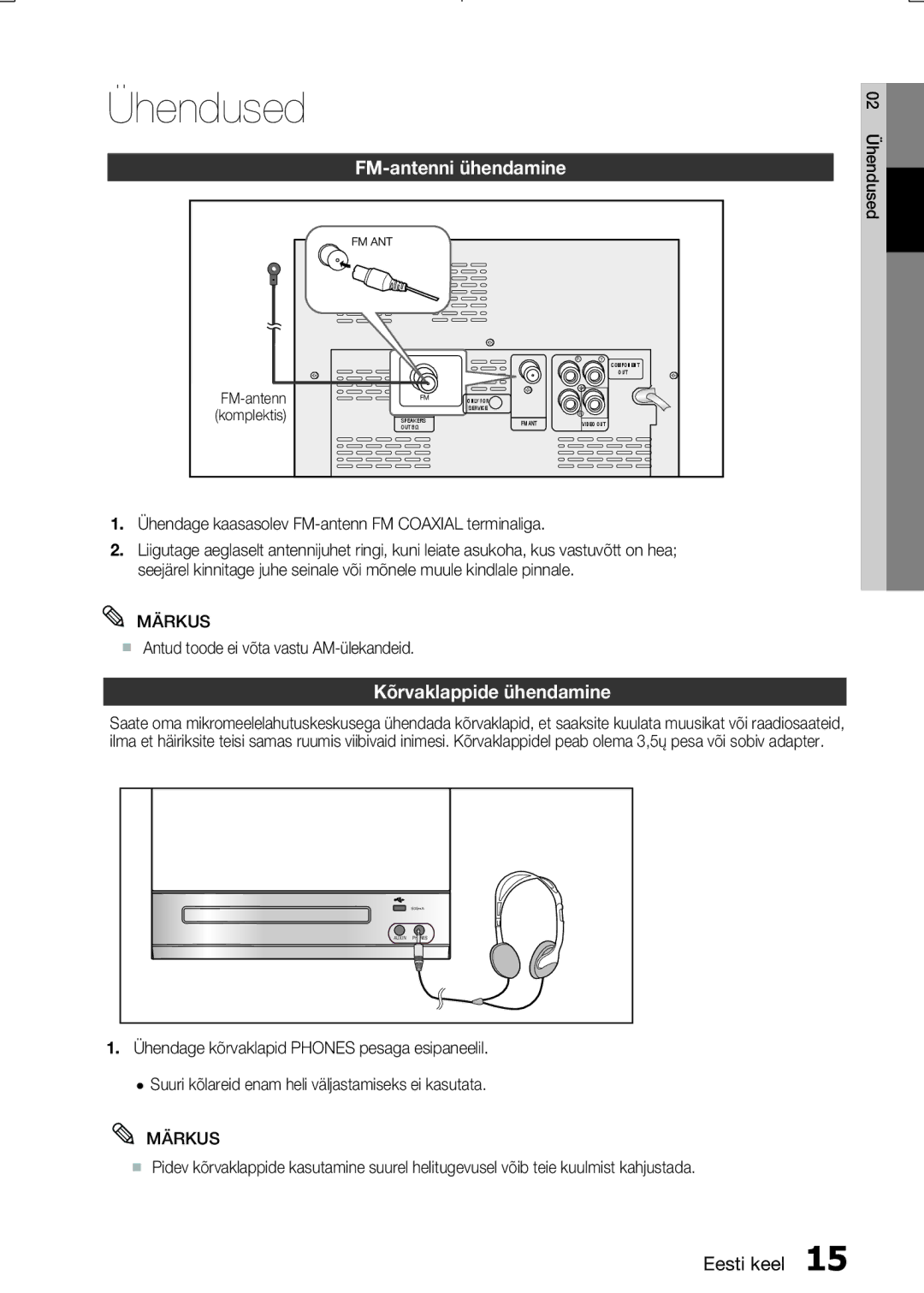 Samsung MM-E330D/EN FM-antenni ühendamine, Kõrvaklappide ühendamine, Ühendage kaasasolev FM-antenn FM Coaxial terminaliga 