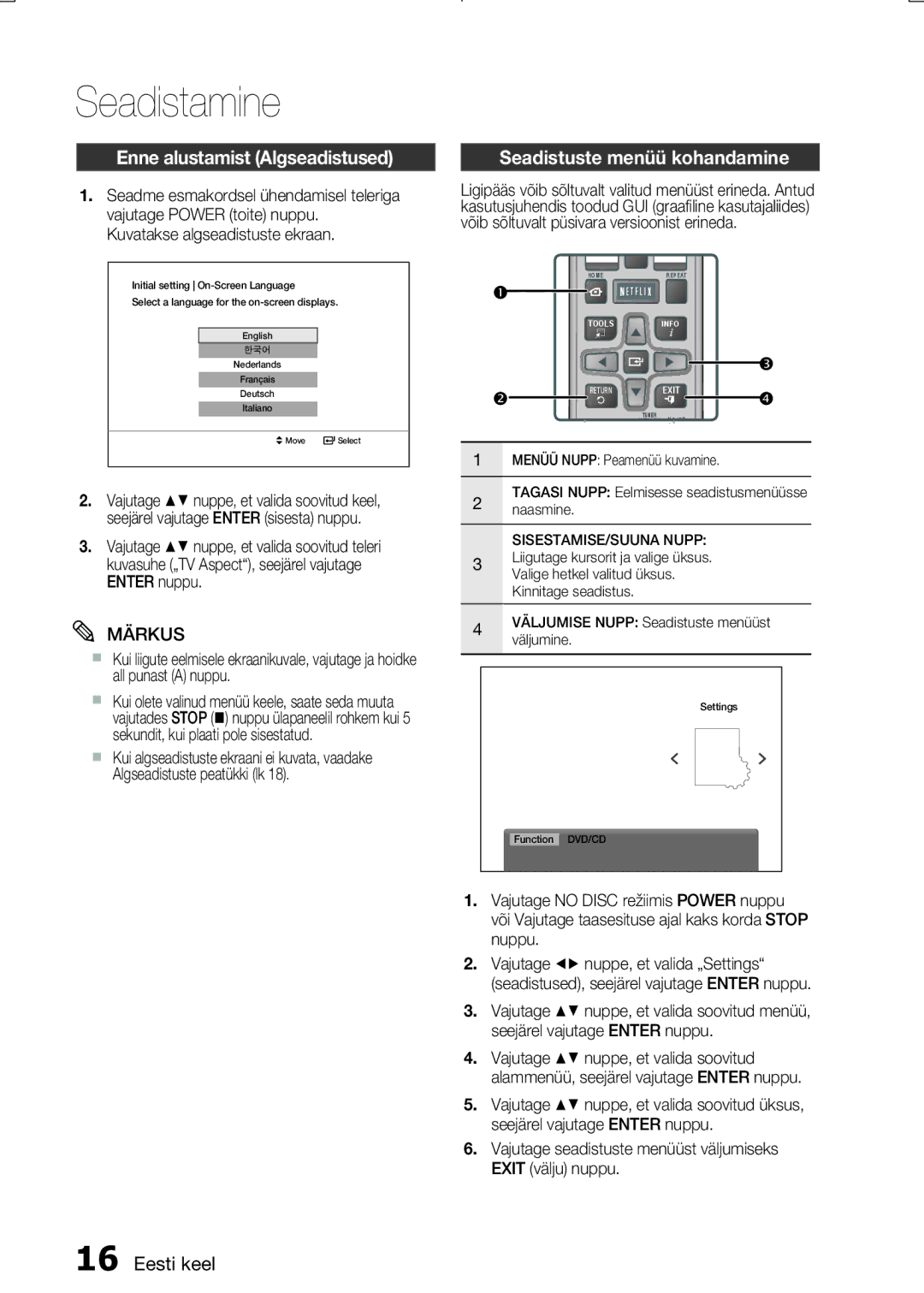 Samsung MM-E330D/EN manual Seadistamine, Enne alustamist Algseadistused, Seadistuste menüü kohandamine 