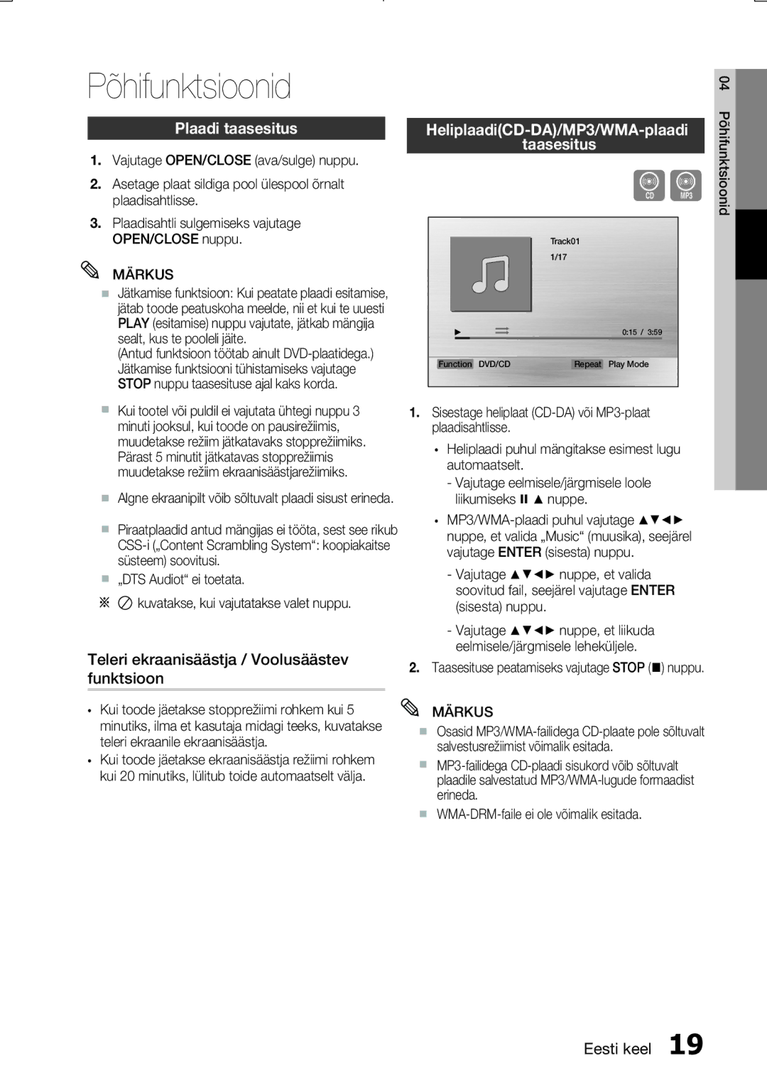 Samsung MM-E330D/EN manual Põhifunktsioonid, Plaadi taasesitus, Teleri ekraanisäästja / Voolusäästev funktsioon 