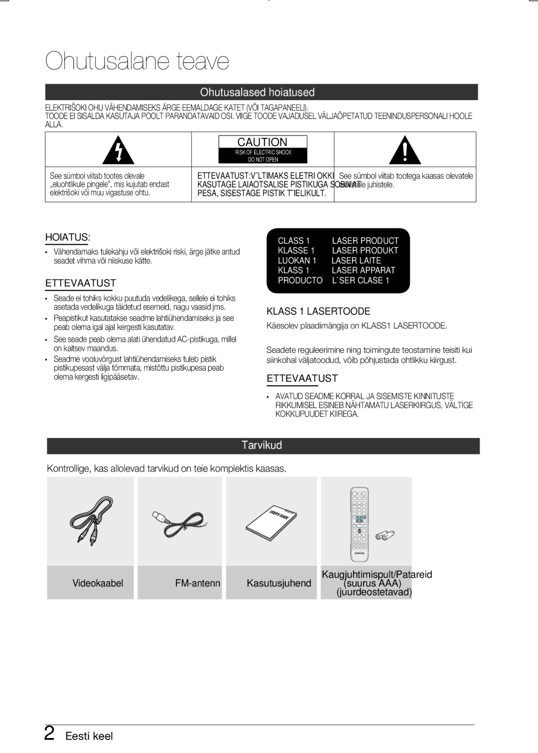 Samsung MM-E330D/EN manual Ohutusalane teave, Ohutusalased hoiatused, Tarvikud, Eesti keel 