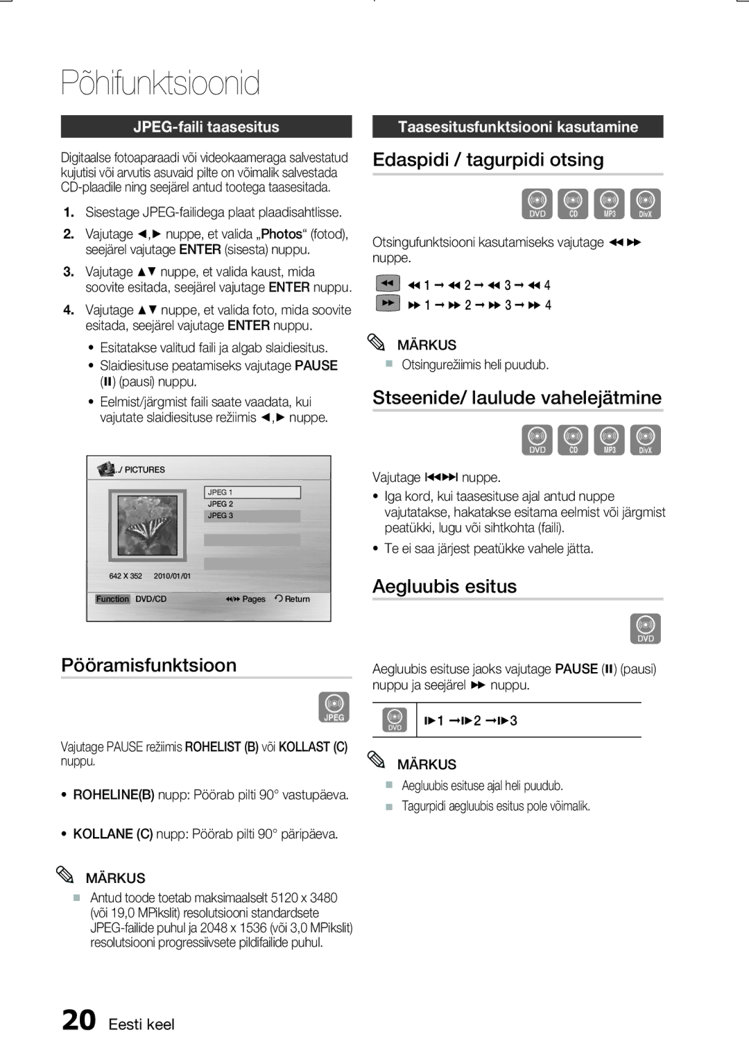 Samsung MM-E330D/EN Pööramisfunktsioon, Edaspidi / tagurpidi otsing, Stseenide/ laulude vahelejätmine, Aegluubis esitus 