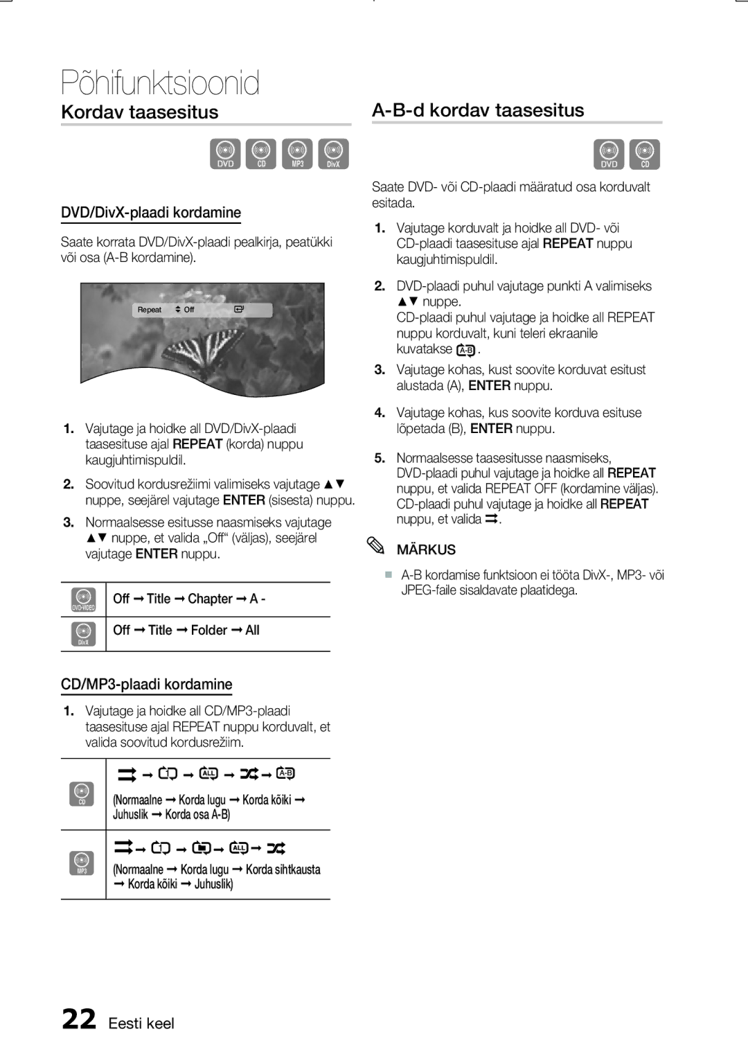 Samsung MM-E330D/EN manual Kordav taasesitus D kordav taasesitus, DVD/DivX-plaadi kordamine, CD/MP3-plaadi kordamine 