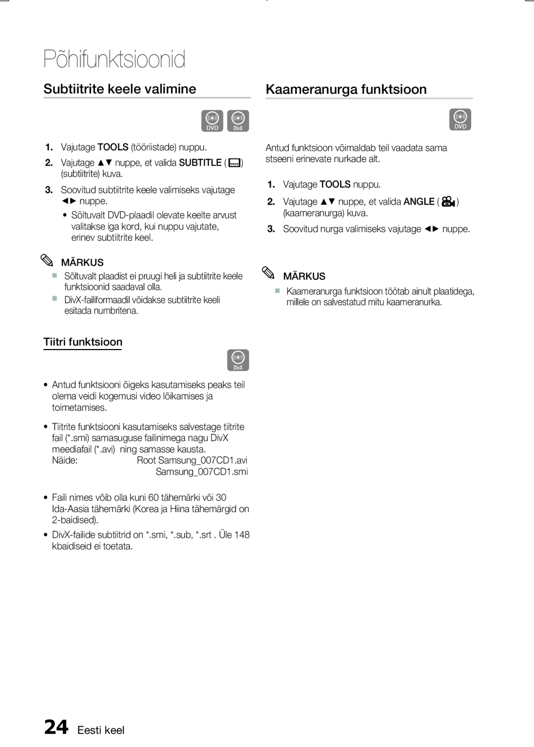 Samsung MM-E330D/EN manual Subtiitrite keele valimine Kaameranurga funktsioon, Tiitri funktsioon 