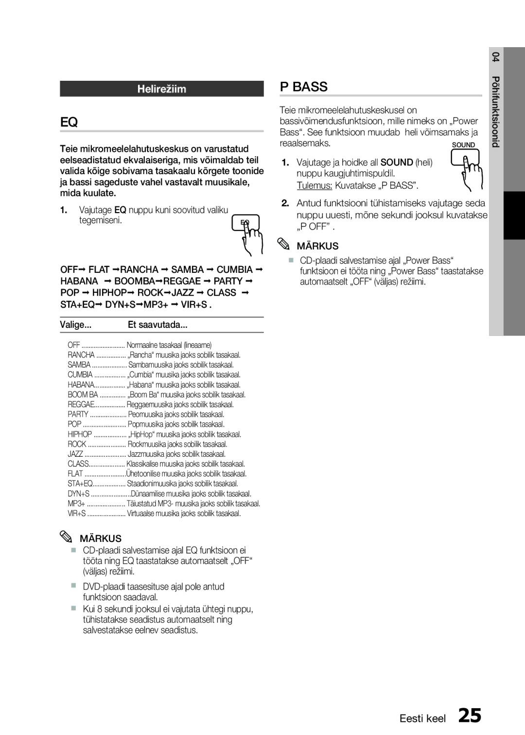 Samsung MM-E330D/EN manual Helirežiim, Valige Et saavutada, DVD-plaadi taasesituse ajal pole antud funktsioon saadaval 