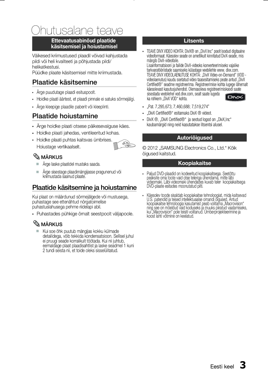 Samsung MM-E330D/EN manual Plaatide käsitsemine, Plaatide hoiustamine, Litsents, Autoriõigused Koopiakaitse, Märkus 