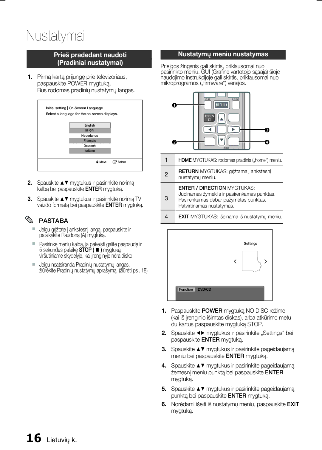 Samsung MM-E330D/EN manual Nustatymai, Prieš pradedant naudoti Pradiniai nustatymai, Nustatymų meniu nustatymas 