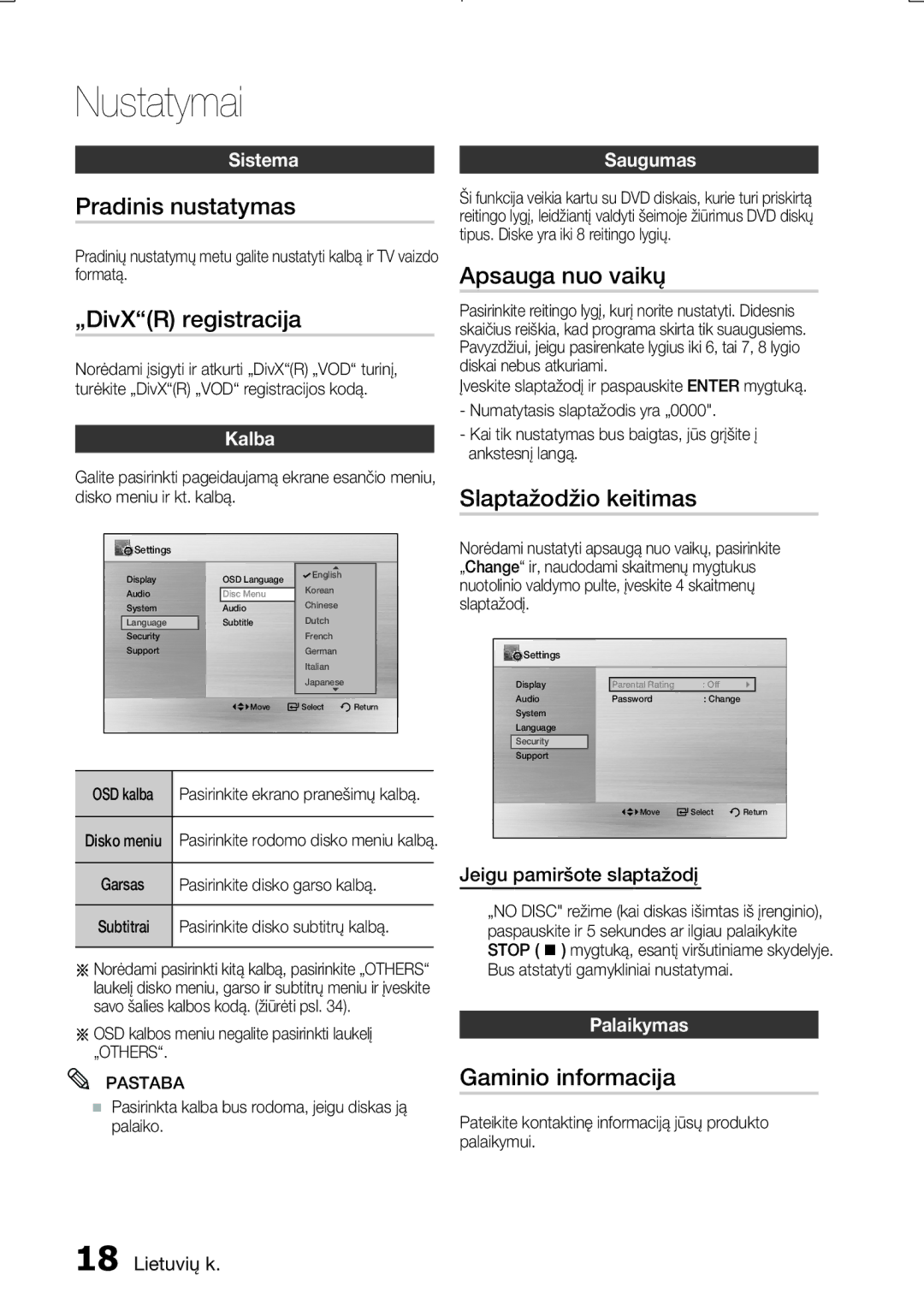 Samsung MM-E330D/EN manual Pradinis nustatymas, „DivXR registracija, Apsauga nuo vaikų, Slaptažodžio keitimas 