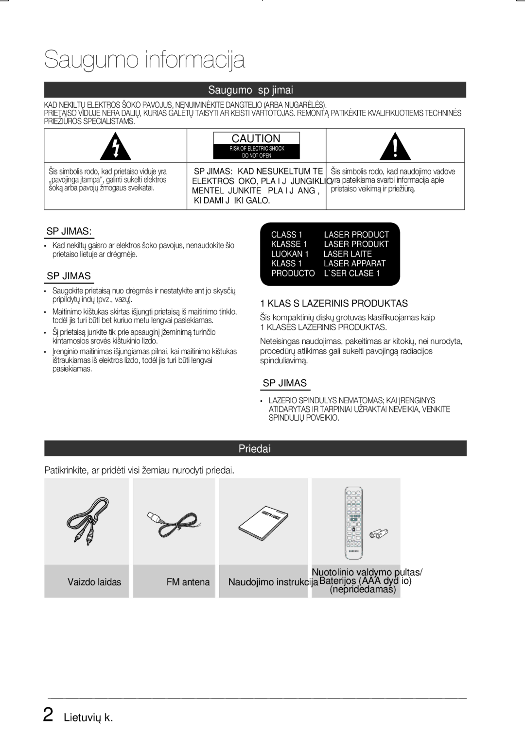 Samsung MM-E330D/EN manual Saugumo informacija, Saugumo įspėjimai, Priedai, Lietuvių k 