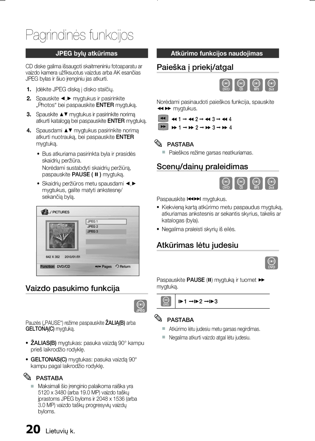 Samsung MM-E330D/EN manual Paieška į priekį/atgal, Scenų/dainų praleidimas, Atkūrimas lėtu judesiu Vaizdo pasukimo funkcija 