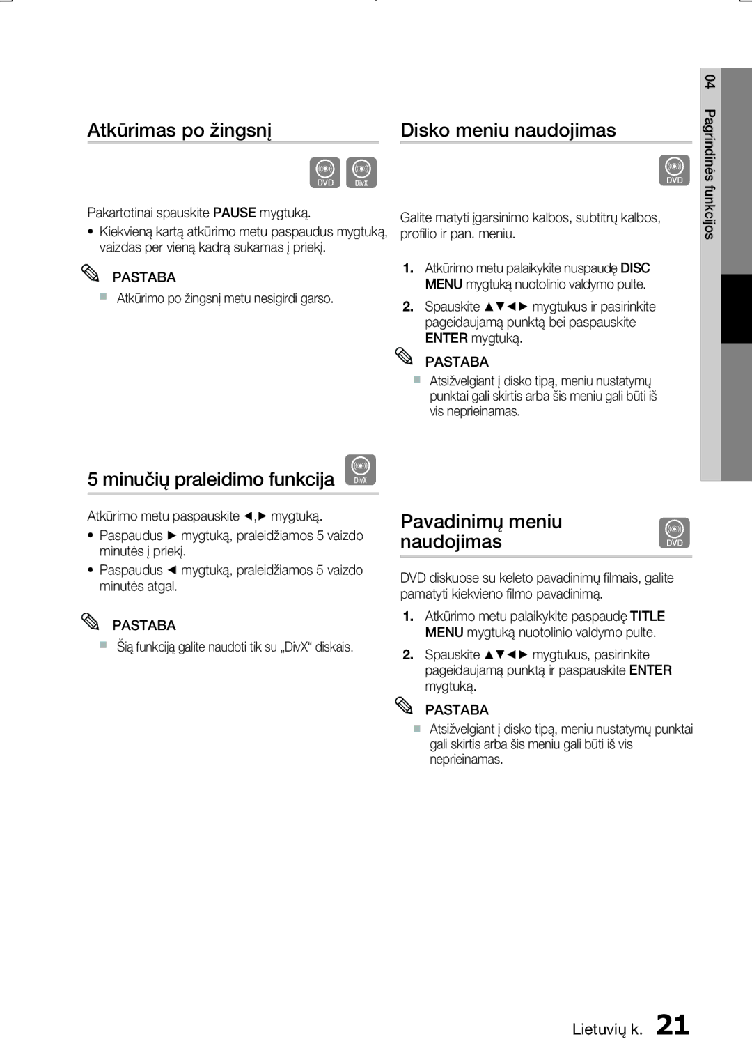 Samsung MM-E330D/EN manual Atkūrimas po žingsnį Disko meniu naudojimas, Minučių praleidimo funkcija D 