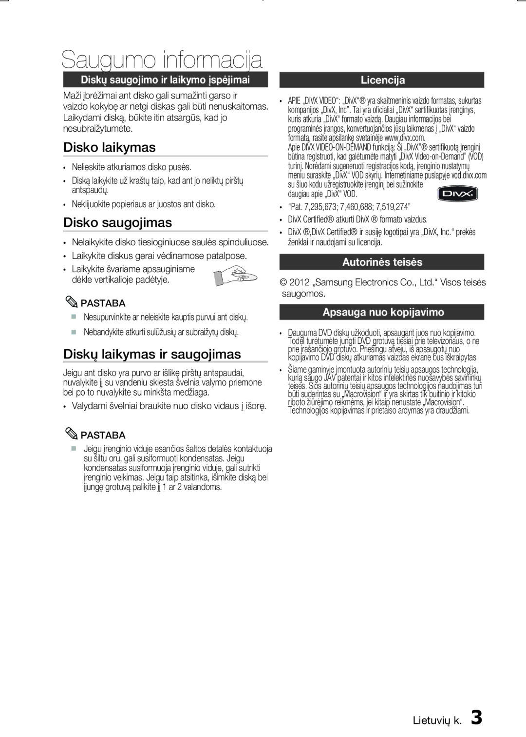 Samsung MM-E330D/EN manual Disko laikymas, Disko saugojimas, Diskų laikymas ir saugojimas 