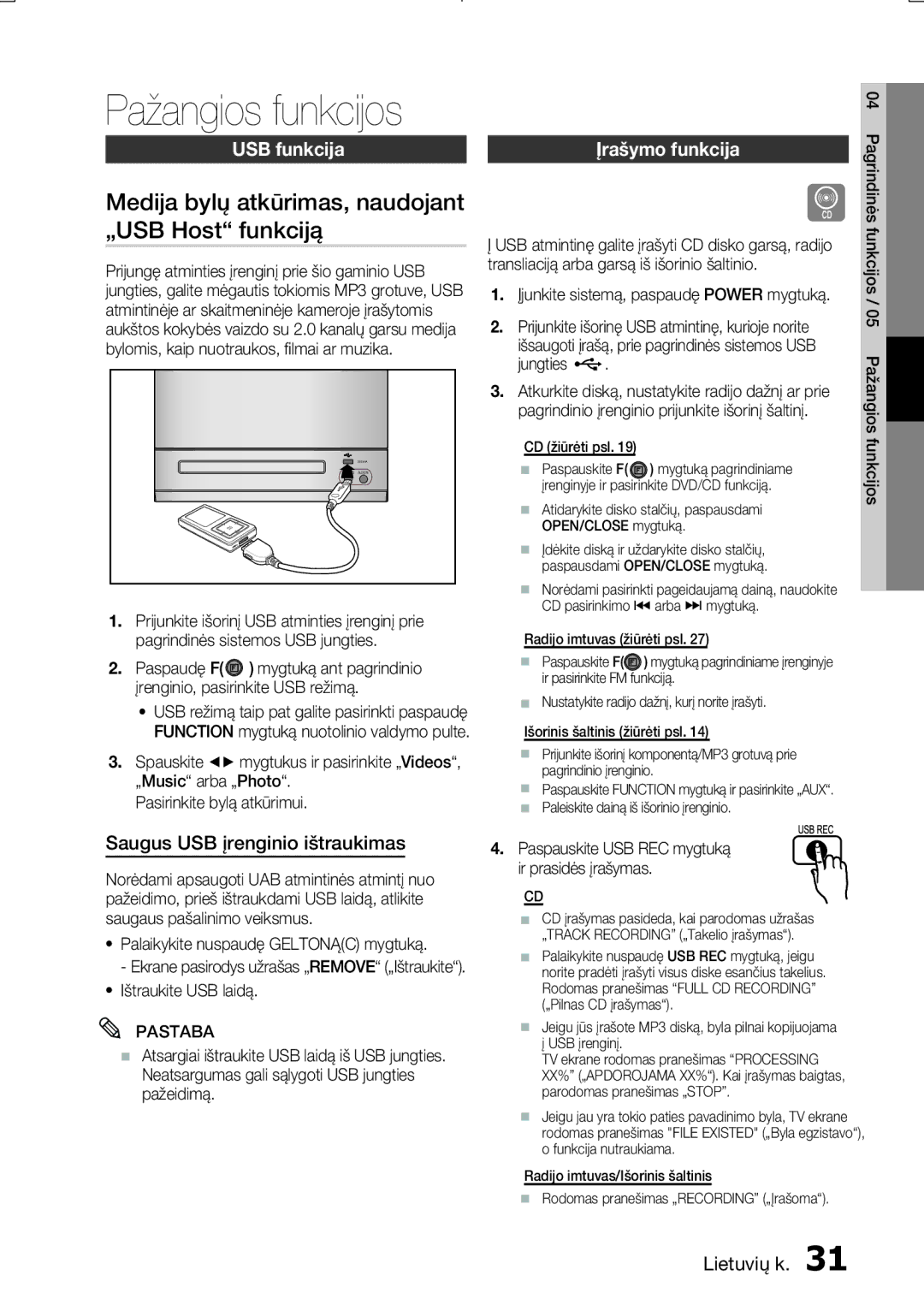 Samsung MM-E330D/EN manual Pažangios funkcijos, Medija bylų atkūrimas, naudojant „USB Host funkciją, USB funkcija 