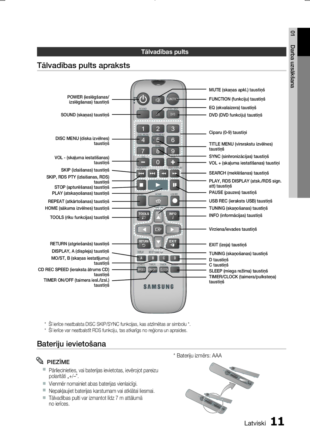 Samsung MM-E330D/EN manual Tālvadības pults apraksts, Bateriju ievietošana, Bateriju izmērs AAA 