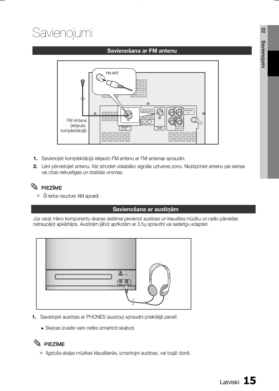 Samsung MM-E330D/EN Savienošana ar FM antenu, Savienošana ar austiņām, Šī ierīce neuztver AM apraidi, FM Antena, Iekļauta 