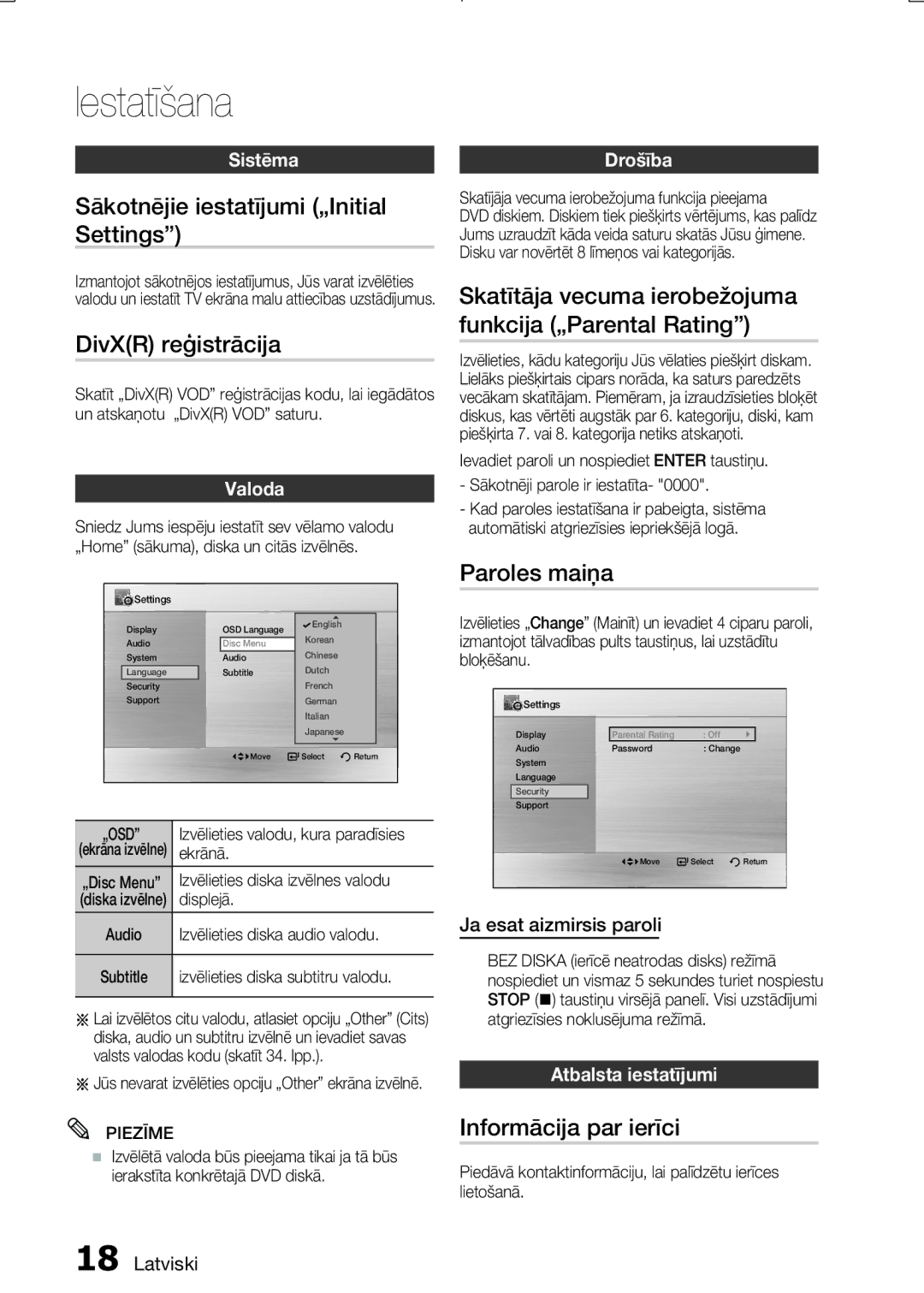 Samsung MM-E330D/EN Sākotnējie iestatījumi „Initial Settings, DivXR reģistrācija, Paroles maiņa, Informācija par ierīci 