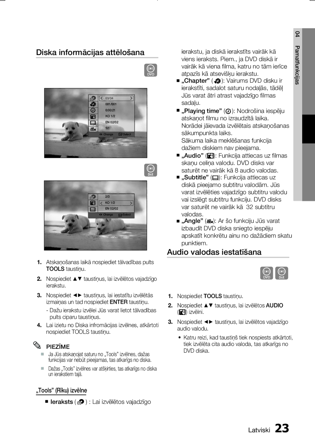 Samsung MM-E330D/EN manual Diska informācijas attēlošana, Audio valodas iestatīšana, Nospiediet Tools taustiņu 