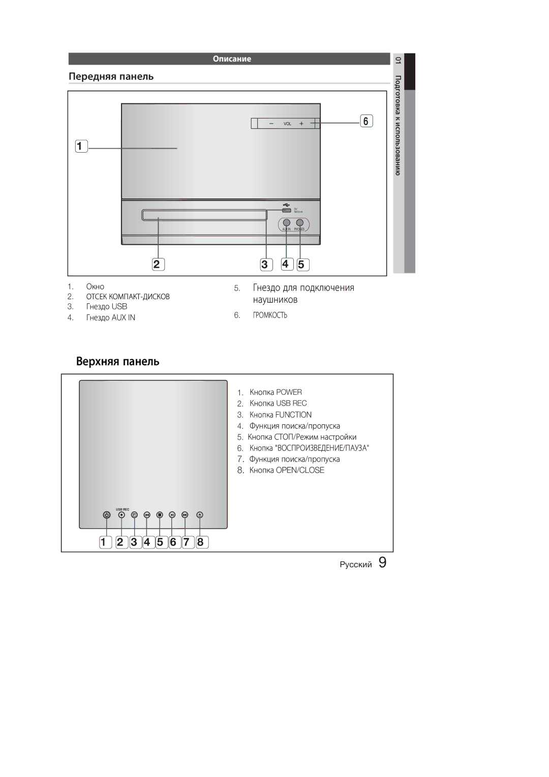 Samsung MM-E320D/RU, MM-E330D/RU manual Передняя панель, Гнездо для подключения, Наушников, Описание 