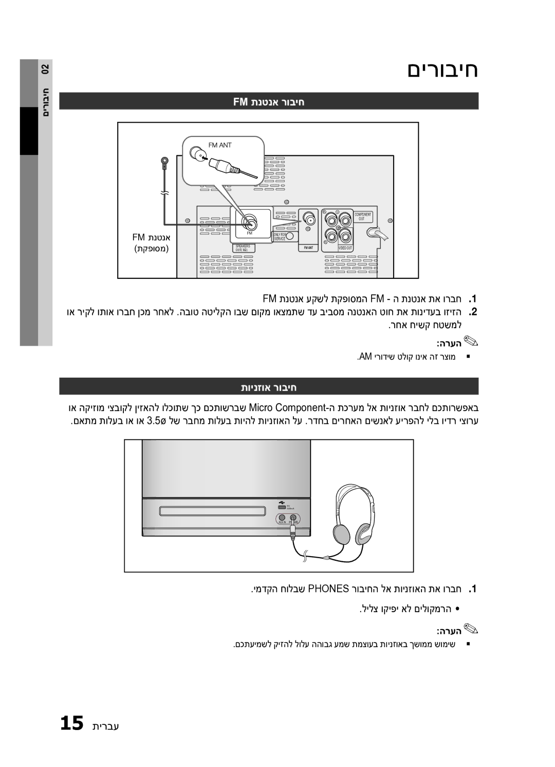 Samsung MM-E330D/SQ manual Fm תנטנא רוביח, רחא חישק חטשמל, תוינזוא רוביח, 15 תירבע, Am ירודיש טלוק וניא הז רצומ ` ` 